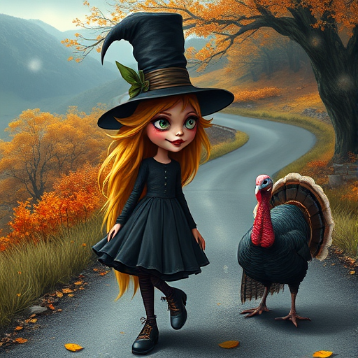 digital art fantasy depicting a strange girl with Yellow hair, long eyelashes, black lipstick and a tall hat walking along a winding road on an autumn afternoon, an Turkey smiles as she passes