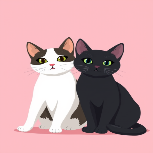 Create an illustration of a black cat and a white cat sitting side by side, use a soft pink background, camera settings: ISO 200, aperture f/2.8, shutter speed 1/60s, camera view: portrait, camera style: digital illustration, camera type: DSLR.