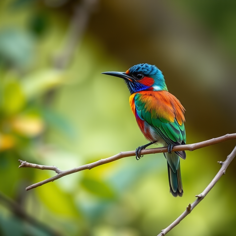 capture a vibrant bird perched on a branch in a natural setting with a shallow depth of field, 85mm lens, f/2.8 aperture, ISO 200, 1/200 sec shutter speed, soft natural lighting, using a DSLR camera