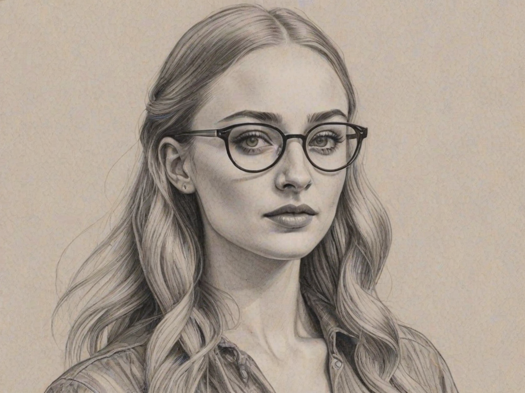 Bewitching Sophie Turner, pencil sketch, portrait of Graceful woman 1933s in glasses, hair style beatnik, outline, clear lines, fine lines, 8k