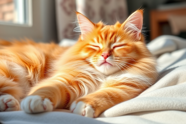 Generate an image of a fluffy orange tabby cat lounging in a cozy setting with its eyes closed enjoying the sunlight the cat has soft fur with a white chest and paws and is resting on a light gray blanket with a warm and peaceful expression