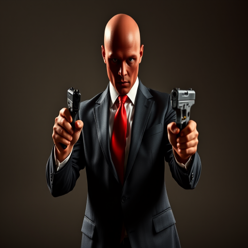 Create an action-packed image of a faceless man in a suit and red tie, dynamically posed with a gun in each hand, captured in a high-contrast style, using a DSLR camera with a 50mm lens, f/1.8 aperture, ISO 100, and a wide-angle view to enhance detail and clarity.