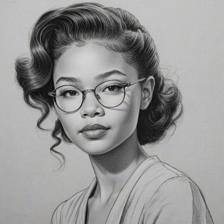 Bewitching Storm Reid, pencil sketch, portrait of Elegant woman 1940s in glasses, hair style beatnik, outline, clear lines, fine lines, 8k