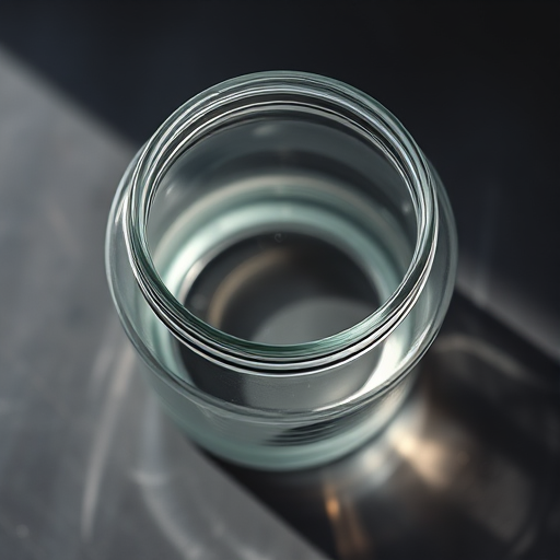 Create a high-resolution image of a transparent glass jar, showcasing its reflective surfaces and details, shot with a Canon EOS R5 camera, 50mm lens, aperture f/1.8, ISO 100, using top-down view and natural soft lighting to enhance clarity and minimize shadows.