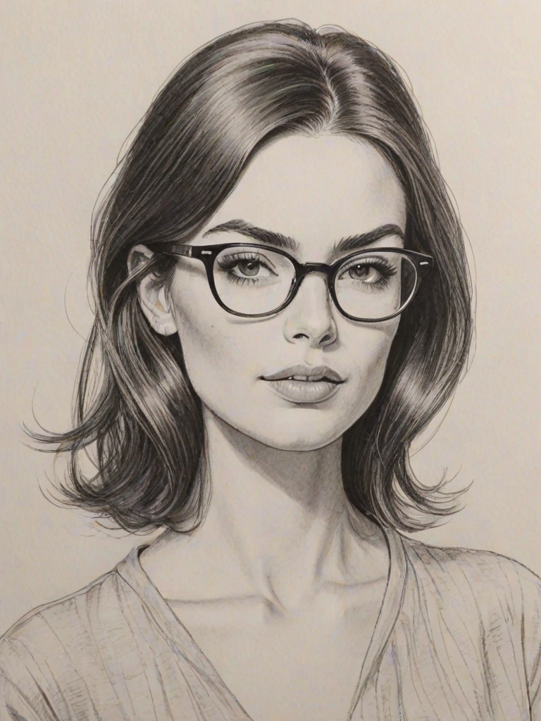 Captivating Caitlin McHugh, pencil sketch, portrait of Bewitching woman 1962s in glasses, hair style beatnik, outline, clear lines, fine lines, 8k