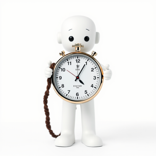 Create an image of a 3D humanoid figure holding a stopwatch, white background, camera settings: f/8, ISO 100, shutter speed 1/250s, camera view: front view, camera style: clean and minimalistic, camera type: digital DSLR.