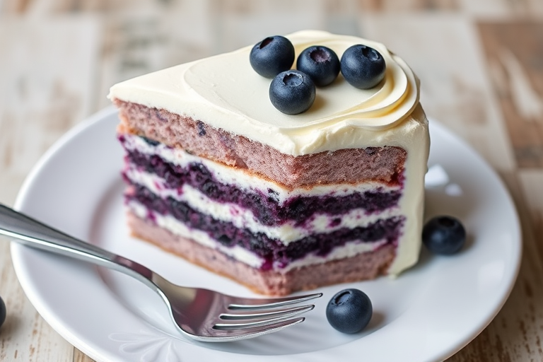A slice of blueberry cake with creamy frosting on top and fresh blueberries as decoration served on a white plate with a fork beside it. The cake has multiple layers, showcasing a mix of purple and white cream filling.
