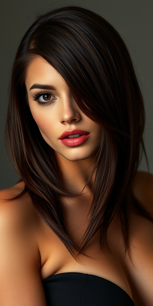 Sultry mahogany-haired seductress sporting a sleek, wet-look style with a deep side part and tucked-behind-ear finish