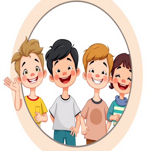 Create an illustration of four cartoon children with diverse hairstyles and clothing, smiling and waving while peeking out from behind a large circular frame, using a vibrant color palette and a white background, captured in a digital style using a Canon EOS 5D Mark IV, focal length 50mm, aperture f/5.6, and a high resolution for sharp details.