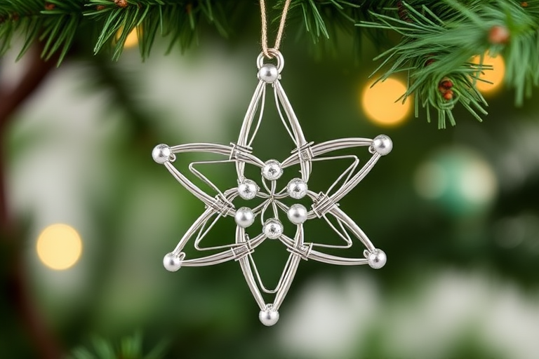 Generate an image of a decorative star ornament made of intertwined silver wire and beads, hanging from a green Christmas tree branch with a soft, blurred background. The focus should be on the intricate details of the star and the sparkling beads.