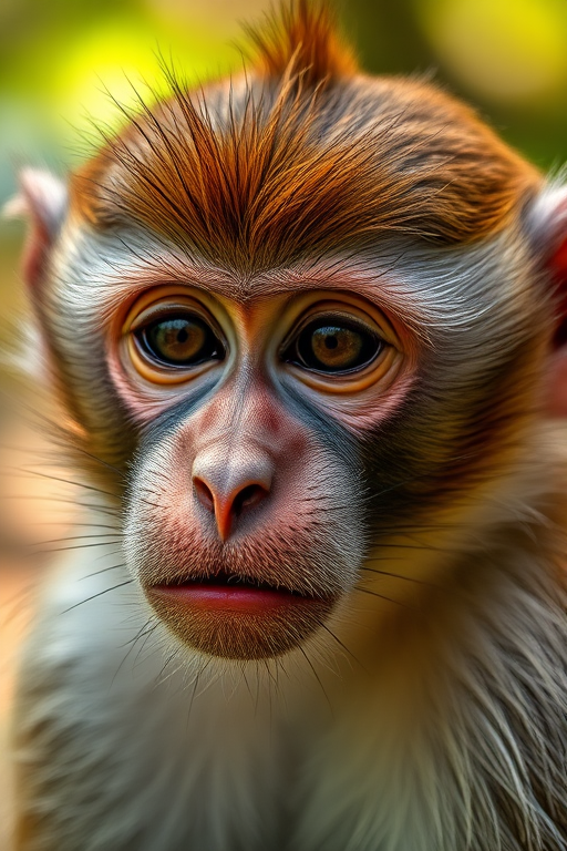 Close-up of a macaque monkey with detailed facial features and soft focus background, natural lighting, f-stop 4, shutter speed 1/250, ISO 200, 85mm lens, DSLR camera, shallow depth of field.