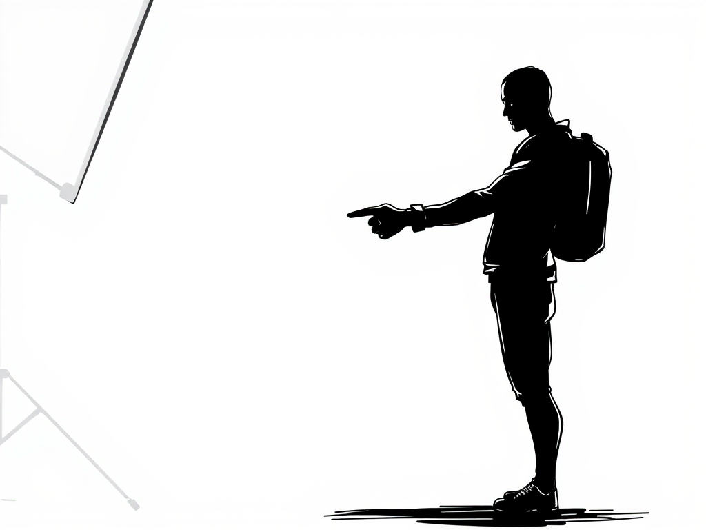 Create a high-contrast, detailed illustration of a standing figure pointing forward, using a Canon EOS R5 with a 50mm f/1.2 lens at ISO 100, aperture f/2.8, and a shutter speed of 1/125s, in a studio setting with softbox lighting for even illumination.