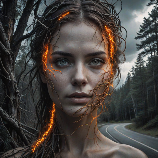 A surreal portrait of a woman's face merging with nature and a road. One half of her face is covered in glowing orange vines, tree roots, and dense forest vegetation. The other half is in grayscale, featuring storm clouds and a road that stretches into the horizon. Both of her eyes are highly expressive: one glowing amber and the other cool blue. The scene contrasts vibrant nature with a stormy, monochromatic landscape, with mountains in the background. The image is highly detailed, with dramatic lighting and texture, creating a mystical, harmonious balance between nature and humanity.