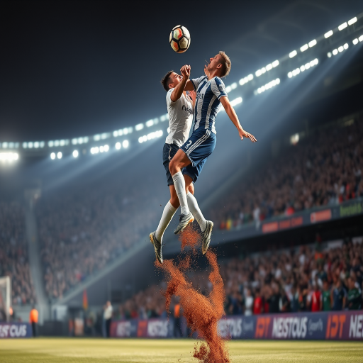 Blurry, action-packed photo of a soccer match, two players leaping into the air for a header, dirt flying up beneath their feet, stadium lights casting long shadows on the field, a roaring crowd in the background, focus on the intensity in the playerseyes.