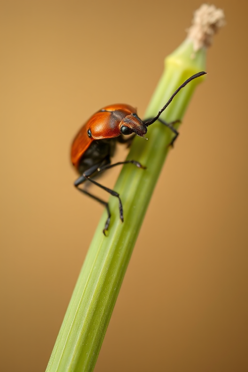 macro photograph of a brown beetle on a green stalk with a blurred background, ISO 100, aperture f/2.8, shutter speed 1/200s, 100mm lens, macro view with shallow depth of field, high-resolution DSLR camera