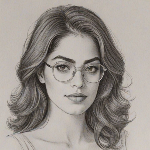 Elegant Inbar Lavi, pencil sketch, portrait of Delightful woman 1979s in glasses, hair style beatnik, outline, clear lines, fine lines, 8k