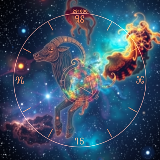 Create an artistic representation of the Capricorn zodiac sign with a cosmic nebula background, using a DSLR camera with a 50mm lens, aperture set to f/1.8, ISO 200, in landscape mode, focusing on vibrant colors and sharp details.