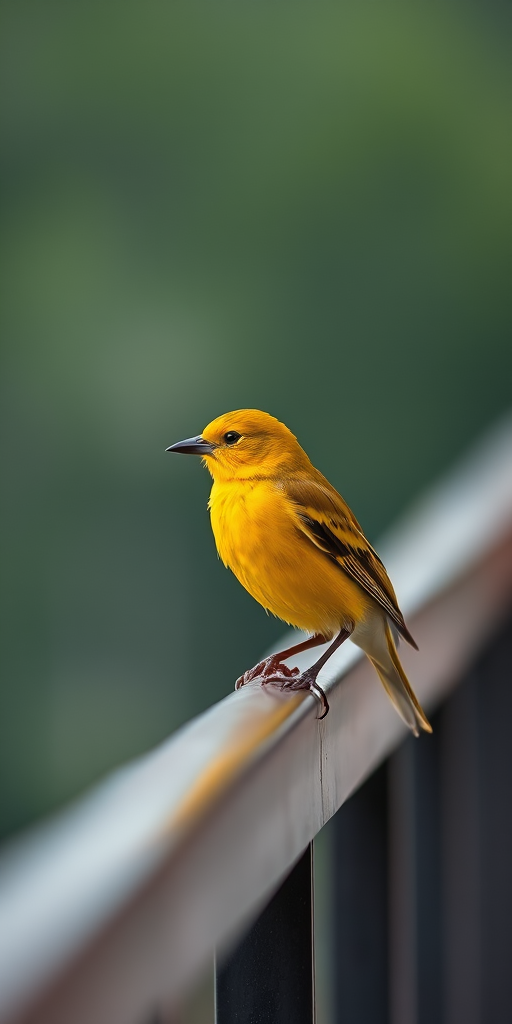 capture a vibrant yellow bird perched on a railing with a soft blurred background, using a Canon EOS 5D Mark IV, ISO 100, f/2.8, 1/200s, 50mm lens, shallow depth of field for enhanced focus on the bird