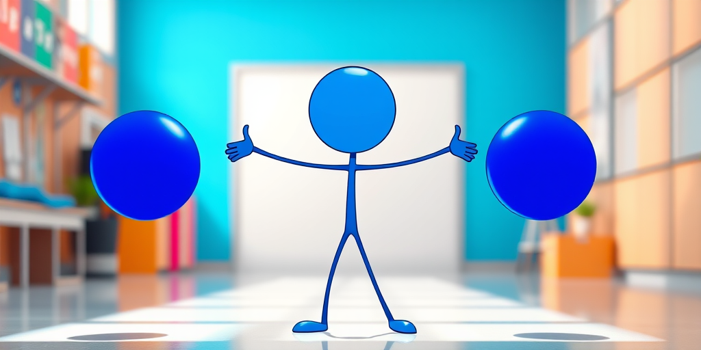 Create a vibrant illustration of a cartoonish blue stick figure with a round head and body, arms stretched out holding two blue balls, in a dynamic pose, using a Canon EOS R camera with a 50mm f/1.8 lens, aperture set to f/2.8, ISO 100, in a bright, well-lit environment to enhance colors and clarity.