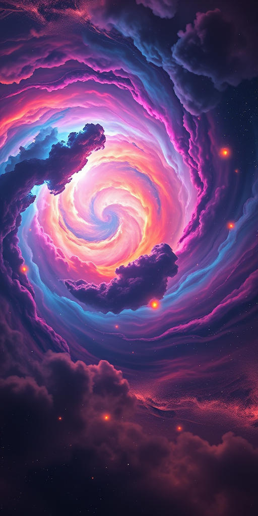 Create a vibrant cosmic swirl with intricate patterns and glowing orbs in a colorful cloudscape, captured with a Canon EOS 5D Mark IV, 24mm lens, f/8 aperture, ISO 100, in vivid colors and high dynamic range.