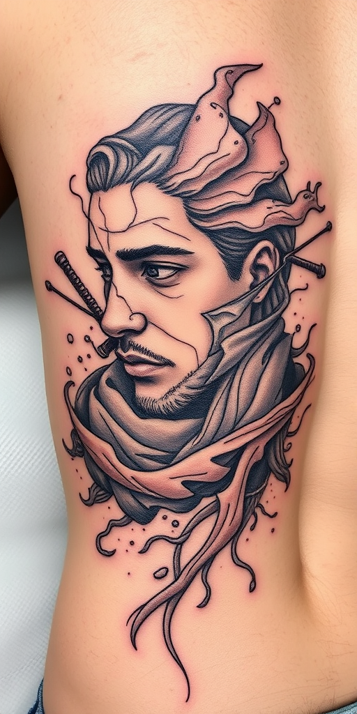 Continuous line tattoo entitled "Fluid Motion" depicting a complex scene or portrait using a single, unbroken line that flows seamlessly across the skin, perfect for ribs or back placement