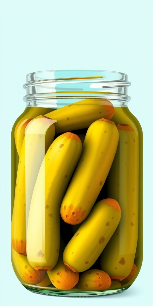 Create a high-resolution illustration of a transparent jar filled with pickles, using a soft focus camera view, 50mm lens, f/2.8 aperture, and natural lighting to enhance the colors and details of the pickles against a solid turquoise background.