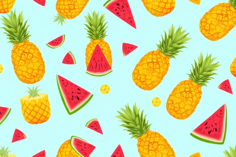 Create a vibrant seamless pattern featuring pineapples and watermelon slices on a light blue background, using a high-resolution digital illustration style with a focus on bright colors and clean lines, shot with a Canon EOS 5D Mark IV at f/8, ISO 100, 1/125 sec for sharp detail and depth.