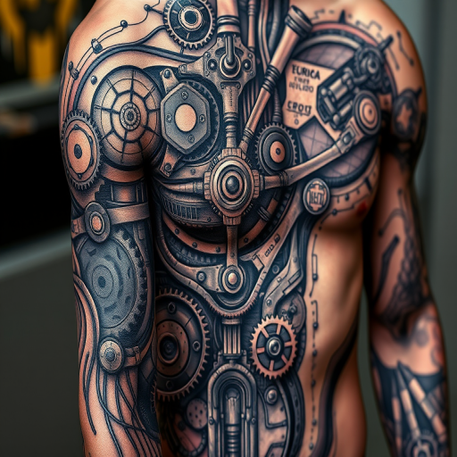 Biomechanical tattoo named "Cybernetic Symphony" depicting intricate gears, pistons, and circuitry seamlessly integrated with human anatomy, creating the illusion of a mechanical inner workings beneath the skin, with hyper-realistic shading and metallic highlights to enhance the three-dimensional effect, ideal for sci-fi fans and technology enthusiasts.