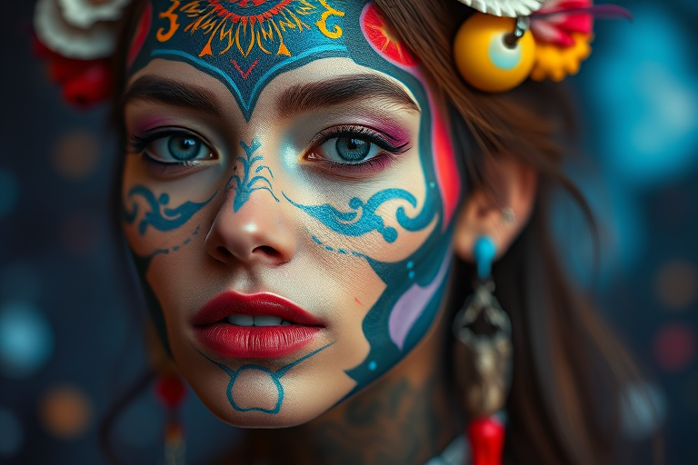 Create a high-resolution portrait of a woman with intricate face paint and cosmic elements in the background, captured with a Canon EOS R5, 50mm lens, f/1.8 aperture, ISO 100, shot from a slightly low angle in a soft focus style to enhance facial details and vibrant colors.