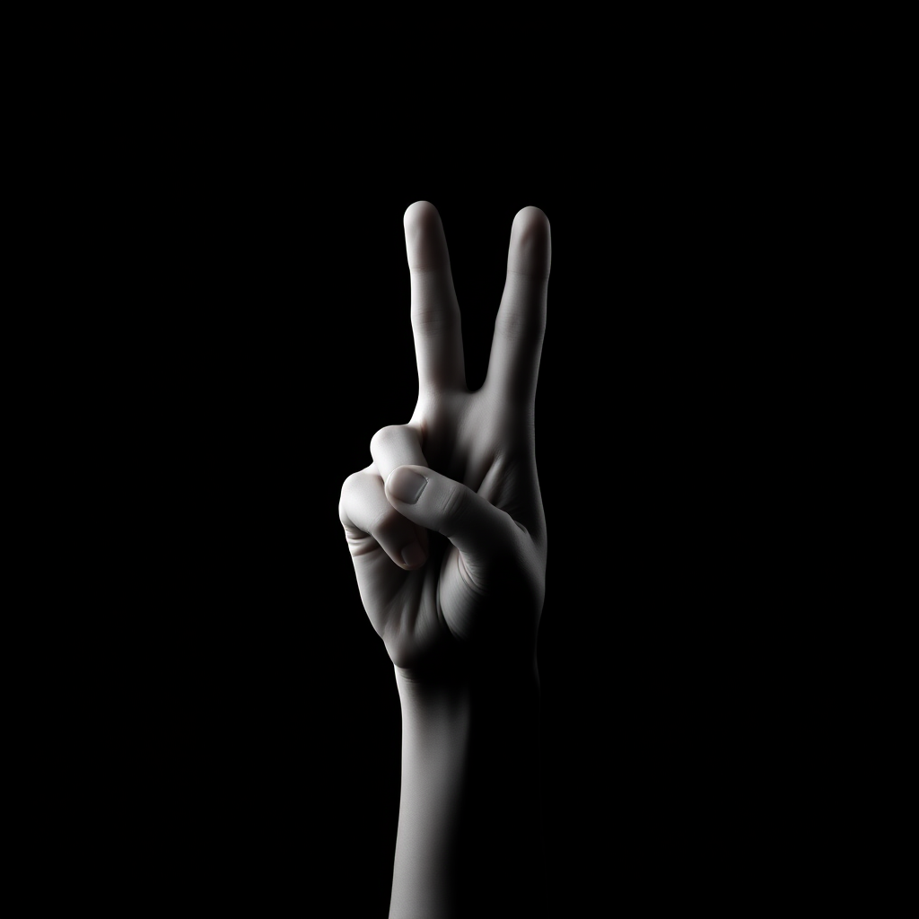 Create a high-contrast, minimalist graphic of a hand making a two-finger gesture, using a black background and white silhouette, shot with a Canon EOS R5, 50mm lens, f/2.8 aperture, ISO 100, in a studio setting with softbox lighting.