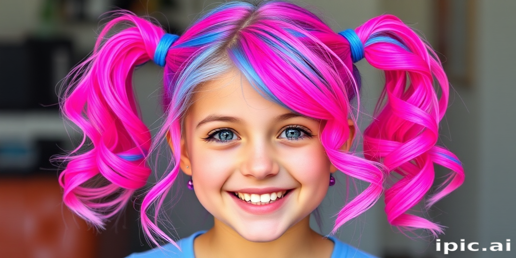 Playful picture of a teen with Bubblegum Pop tresses, a bright pink base with neon blue tips, styled in high pigtails with curled ends