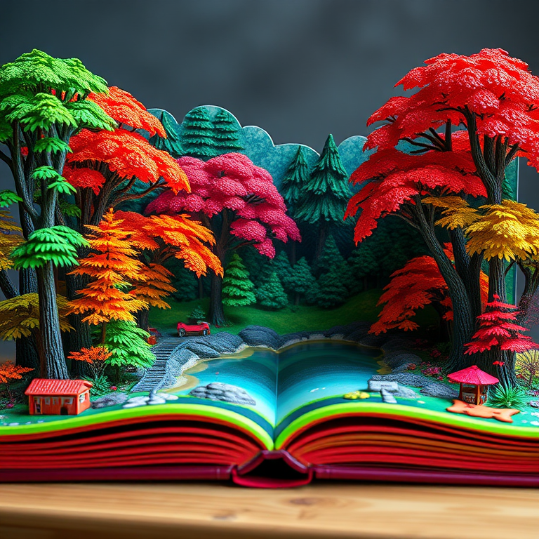 Create a hyper-realistic image of a colorful pop-up book depicting a lush forest with vibrant trees and a serene lake, captured with a DSLR camera at f/1.8 aperture, ISO 100, 50mm lens, and soft, diffused lighting to enhance details and textures.