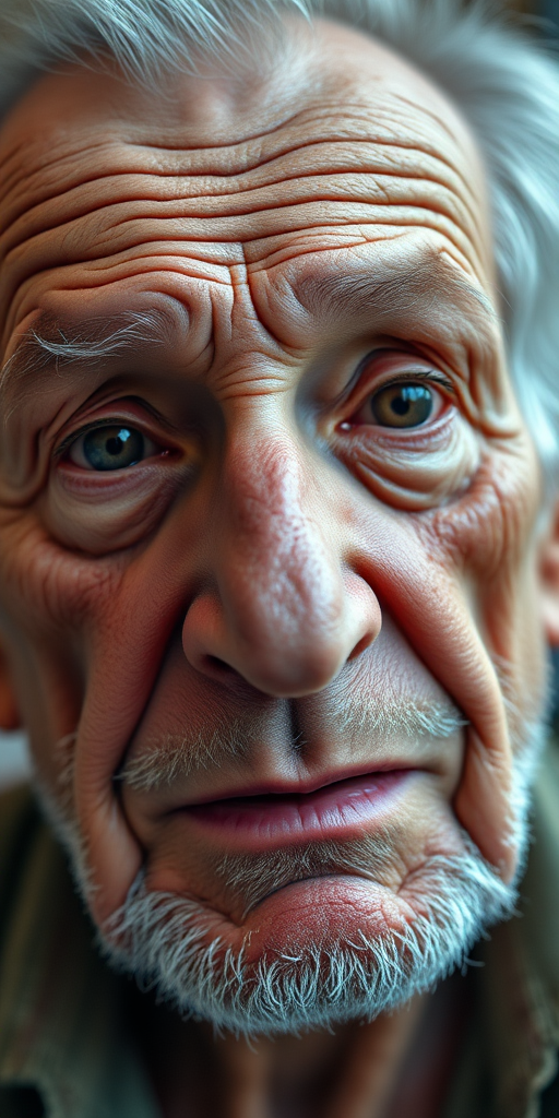 portrait of an elderly man with deep wrinkles and expressive features, high detail, soft lighting, 85mm f/1.4 lens, ISO 100, aperture priority mode, 4K resolution, studio setting, natural diffusion lighting