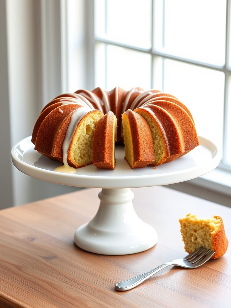 A beautifully baked bundt cake with a golden brown exterior and a moist interior displayed on a white cake stand with a drizzle of icing on top and a fork beside it, set against a bright window background.