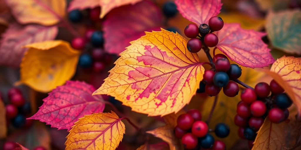macro shot of colorful autumn leaves with a golden leaf among red and black berries, shallow depth of field, f/2.8 aperture, 50mm lens, ISO 100, natural soft light, DSLR camera