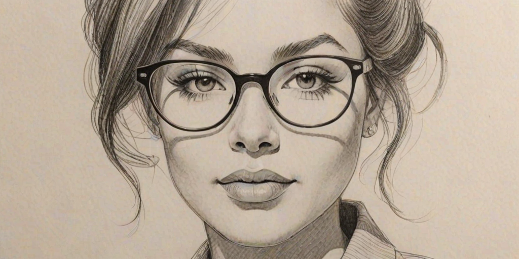 Delightful Summer Walker, pencil sketch, portrait of Dazzling woman 1962s in glasses, hair style beatnik, outline, clear lines, fine lines, 8k