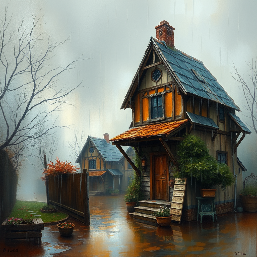 rainy day house painting, fine art painting, fantasy art, 4K, 3D, HDRi, detailed oil painting, high definition art, expressive rustic oil painting, foggy alley, soft focus