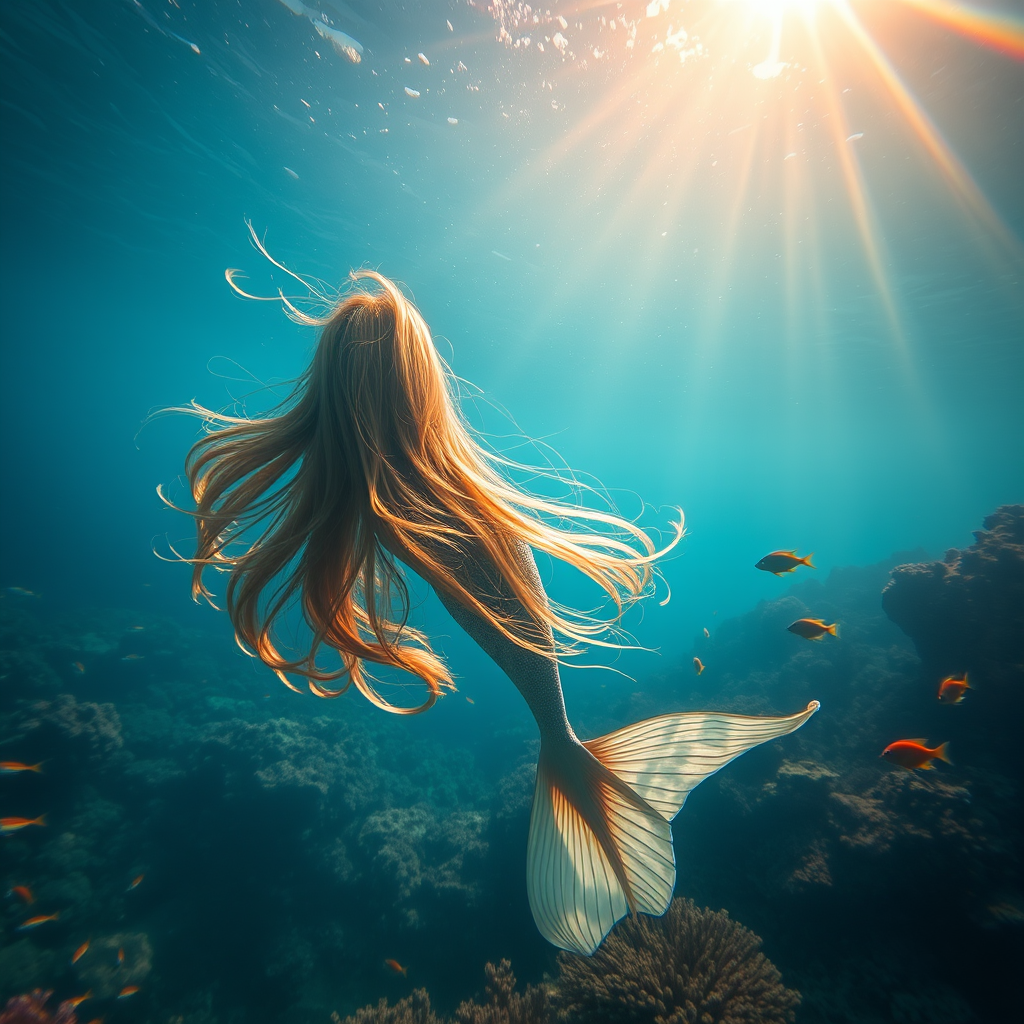 Underwater scene of a mermaid with long flowing hair swimming upwards, surrounded by coral reefs and colorful fish, soft rays of sunlight filtering through the water, captured with a Canon EOS R5, 35mm lens, f/2.8 aperture, ISO 200, in a soft focus style to enhance ethereal beauty.