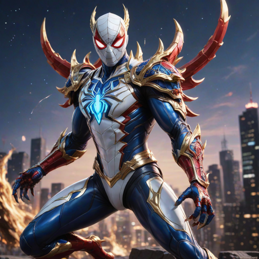 A high-budget, anime-style wallpaper featuring Spiderman in an epic White, blue red Kirin armor. Golden dragon gloves, the gloves is in the shape of dragon heads, Golden dragon head gloves, White glossy eyes, The armor is designed with metallic details that reflect light, showcasing intricate Kirin motifs. Spiderman's armor is a striking gradient of blue, red and white, with Colorful galaxy inner sections, making it look both powerful and sleek. The background is flat white, with Kirin-shaped blue-violet glowing rune relic to give the impression power, striking pose, the Kirin's armor is dominantly in white, with some details in blue and red, Cinematic anime action scene, cinematic action pose, medium shot action portrait, dramatic effect of shadow and light.
