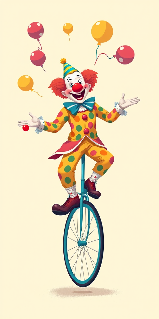 Create an illustration of a clown juggling while riding a unicycle, captured with a Canon EOS R5 at f/4, ISO 100, 50mm lens, in a bright, colorful style with a minimalist background, focusing on vibrant colors and playful expressions.