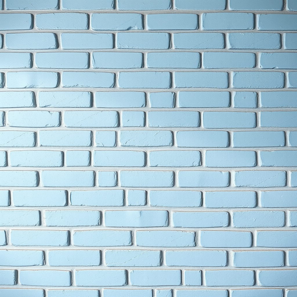 Create a high-resolution texture of a light blue brick wall, using a Canon EOS R5 camera with a 50mm lens, aperture set to f/8, ISO 100, captured from a straight-on angle with soft diffused lighting to enhance detail and color vibrancy.