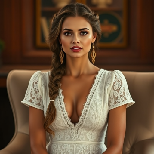 Create a portrait of a refined and elegant woman seated in a sophisticated setting. She has long, wavy hair styled in two thick braids that are pulled over her shoulders. She wears a white, lace gown with intricate patterns, featuring a deep V-neckline and short sleeves. The dress exudes a vintage charm with its delicate lacework. She is adorned with ornate, dangling earrings that add a touch of glamour to her appearance. The background is softly lit, with warm, ambient lighting that creates a cozy and inviting atmosphere. Her expression is poised and serene, capturing a sense of grace and elegance.