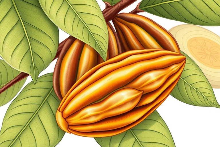 Create a high-resolution illustration of cacao pods and leaves, with a focus on intricate details and smooth lines, shot using a DSLR camera with a 50mm lens, f/4 aperture, ISO 100, in natural light, with a shallow depth of field to enhance texture.