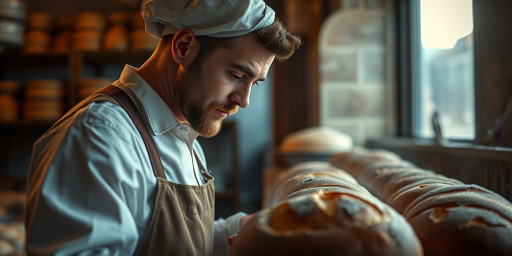 A skilled baker inspecting fresh bread in a dimly lit bakery, capturing warm tones and textures, shot with a Canon EOS R5, 50mm lens, f/1.8 aperture, ISO 200, shutter speed 1/125s, natural light, shallow depth of field.