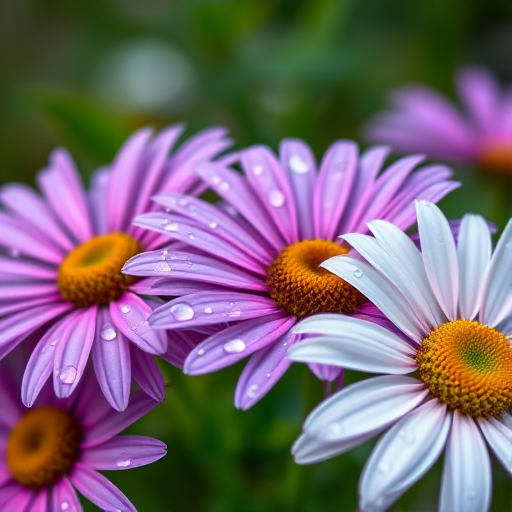 Close-up of vibrant purple and white daisies with water droplets on petals, soft focus background, macro lens, f/2.8 aperture, ISO 100, 1/200 sec shutter speed, natural light.