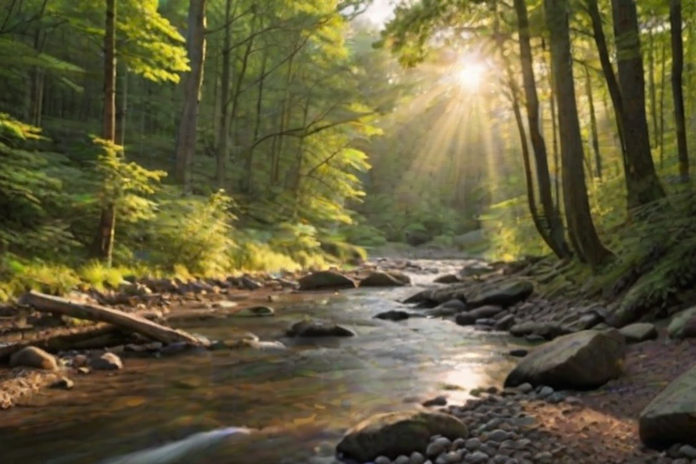 Create an image of a serene, sunlit forest scene with a clear, gently flowing river. Tall trees with lush green foliage line both sides of the river, their leaves bathed in the warm golden light of the setting or rising sun. The sunlight filters through the trees, casting soft, dappled light on the river, which flows over smooth rocks and pebbles, creating a peaceful, natural atmosphere. The sky is bright with a few scattered clouds, and the overall mood is tranquil, evoking a deep sense of connection with nature. The image captures the beauty of a calm, pristine forest landscape at either dawn or dusk.
