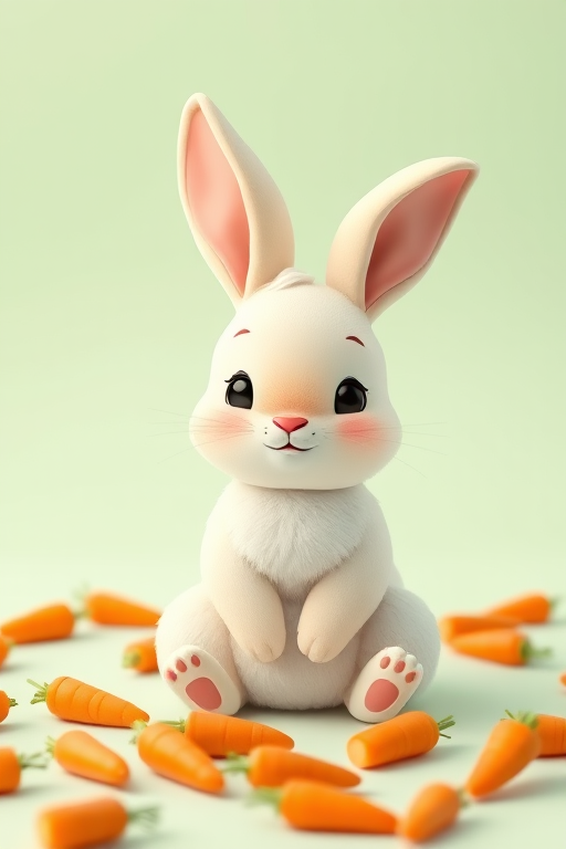 Generate an image of a cartoon rabbit sitting calmly with a soft, fluffy texture, surrounded by scattered orange carrots against a light mint green background, using a DSLR camera with a 50mm lens, aperture set at f/2.8, ISO 100, and a shallow depth of field for enhanced image quality.