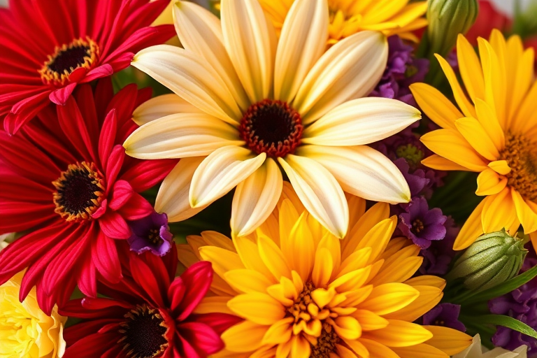 Create a vibrant close-up of a bouquet featuring red, yellow, white, and purple flowers with rich colors and detailed textures, shot with a DSLR camera at f/2.8 aperture, ISO 100, 50mm lens, in natural light to enhance clarity and depth.