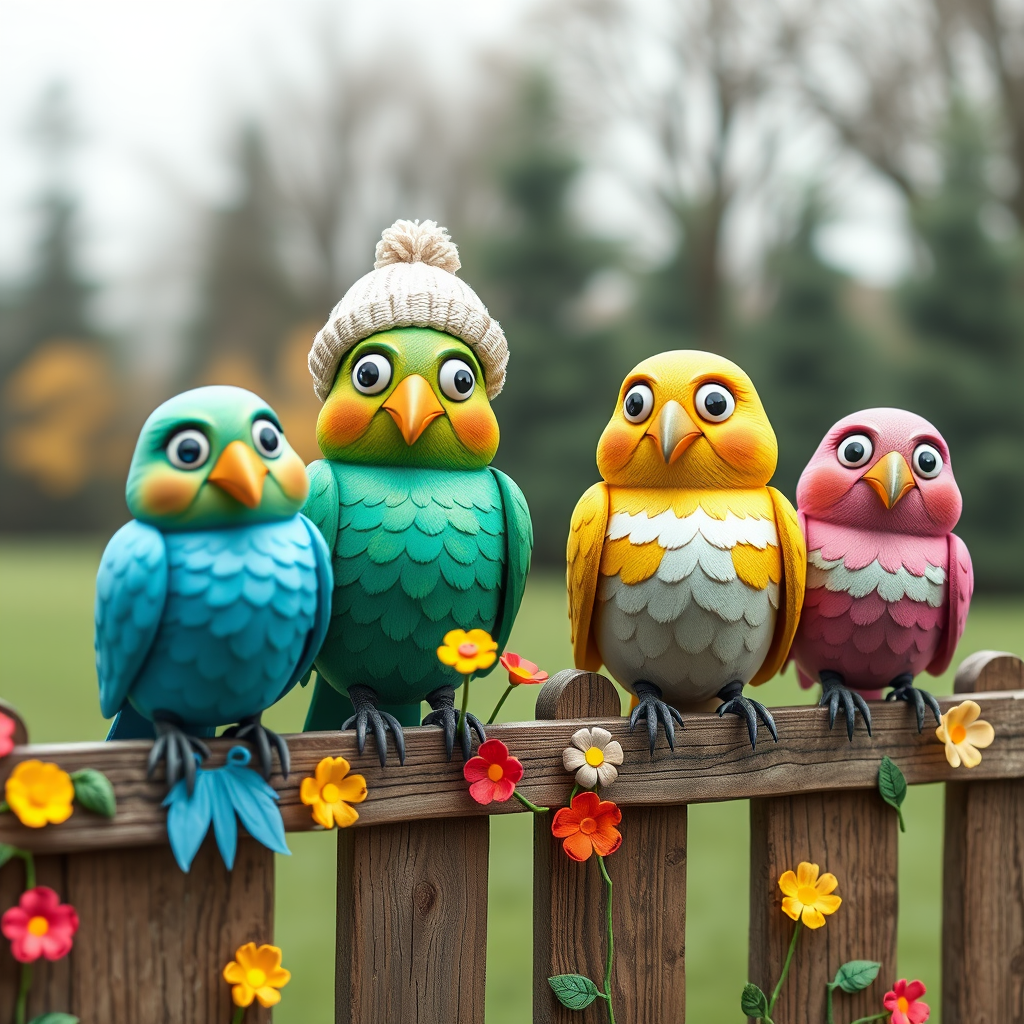 create a scene of 4 quirky  whimsical colourful comical birds each with a funny expression. they are sat on a wooden fence with colourful flowers. they are all different sizes. each one is a different colour  one is wearing a woolly hat. Each one has a different quirky google expression and there is a muted background of trees watercolour paintierly style high definition 8k resolution 3D paper mache