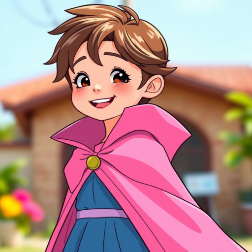 Create a high-resolution vector illustration of a character wearing a long pink cape and a blue dress, with detailed facial features and a joyful expression, captured with a DSLR camera at f/2.8, ISO 100, using a shallow depth of field, bright natural lighting.
